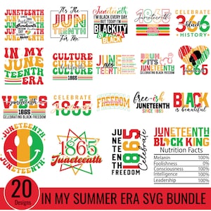 以下が含まれることがあります： アメリカ合衆国における奴隷制からの解放を記念する祝日であるジューンティーンスを祝う、20種類のデジタルデザインのセットです。デザインは、汎アフリカ旗を参考に、赤、黄、緑の配色で様々なテキストベースのグラフィックを特徴としています。