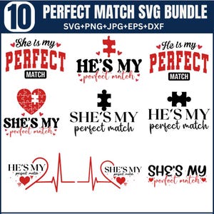 Perfect Match SVG-bundel, bijpassende paren Valentijnsdag cadeau svg, He is My perfect Match, She is My perfect Match, valentijnshirt