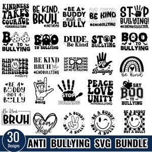 Paquete de SVG contra el acoso escolar, SVG de amabilidad, Detener el acoso escolar, SVG para terminar con el acoso escolar, SVG de paz, amor y unidad, Sé amable, SVG del Día de la Unidad, SVG de moño