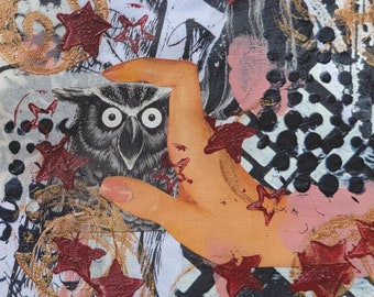 Canvasafdruk uil | Eclectische pop-art, vintage krantencollage