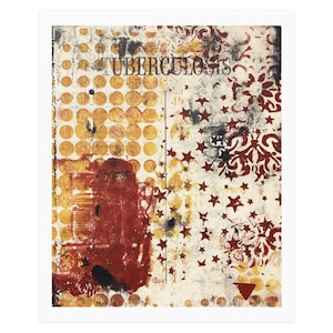 Può includere: Una stampa d'arte in stile vintage con uno sfondo usurato con uno schema di colori rosso, bianco e oro. La stampa presenta un motivo di stelle, cerchi e un design damascato. La parola "TUBERCULOSIS" è stampata in lettere nere nella parte superiore della stampa.