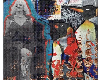 May include: A collage of a woman in a black dress with a penguin and a red and gold background. The woman is wearing a necklace and has blonde hair. The penguin is black and white with a red beak. The background is a mix of red, gold, and black.