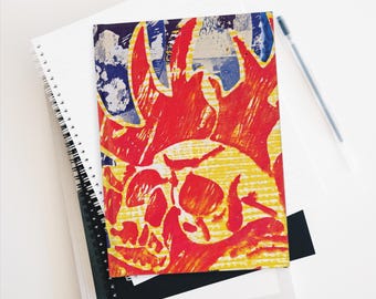 Könnte beinhalten: Ein roter und gelber Schädel mit Flammen, die aus der Oberseite ragen. Der Schädel ist auf einem gelben Hintergrund mit einem blauen und weißen Muster gedruckt.