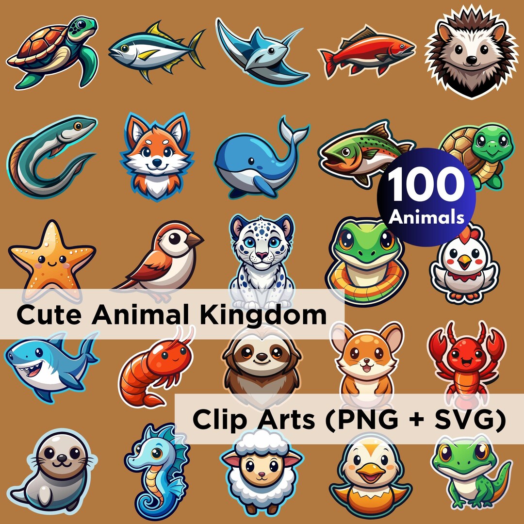Cute Animal Kingdom Clip Art for Stickers, 100 Vector Animal SVG, High ...