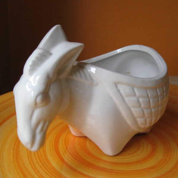 VINTAGE CERAMIC DONKEY white retro planter