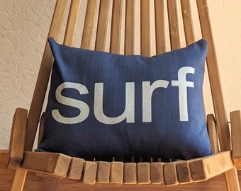 the SURF pillow in navy blue and white