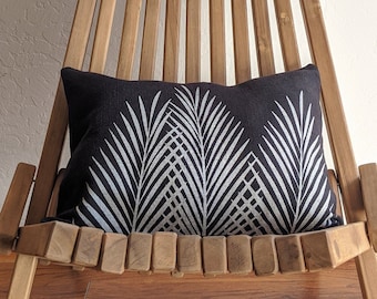 Black and White Linen Palm Print Pillow - Modern Beach Decor