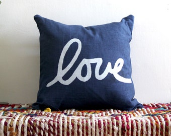 Navy Blue and White Throw Pillow / Blue and White Love Pillow / Love Lumbar Pillow / Hand Printed Love Pillow