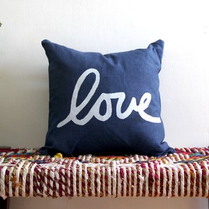 Navy Blue and White Throw Pillow / Blue and White Love Pillow / Love Lumbar Pillow / Hand Printed Love Pillow image 1