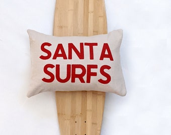Santa Surfs - Red & Tan Christmas Pillow - Coastal Christmas