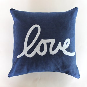 Navy Blue and White Throw Pillow / Blue and White Love Pillow / Love Lumbar Pillow / Hand Printed Love Pillow image 2