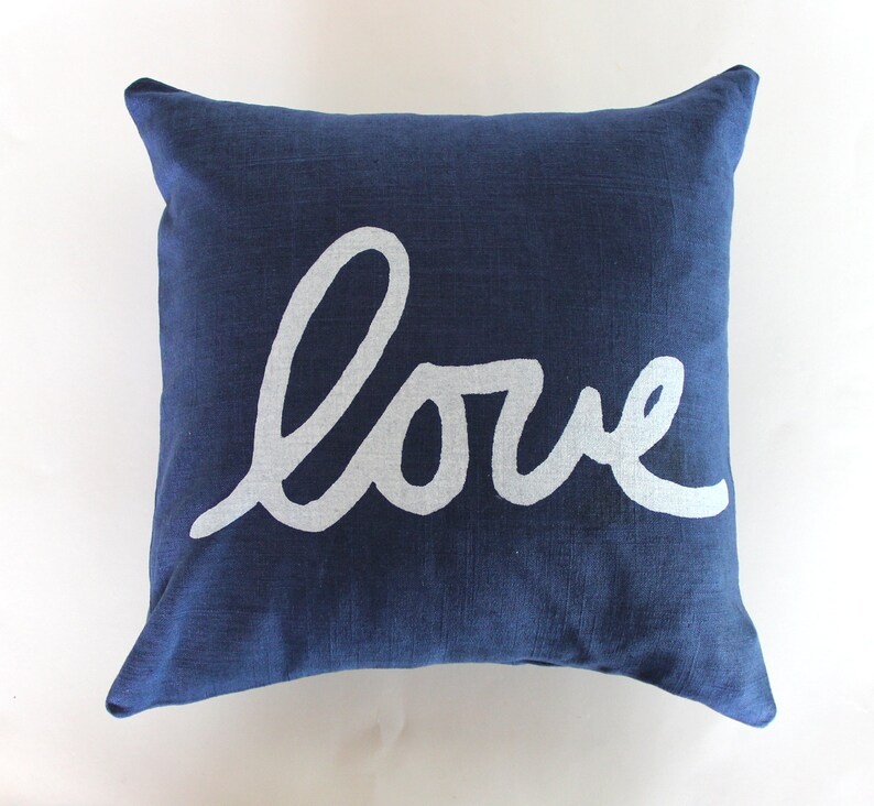Navy Blue and White Throw Pillow / Blue and White Love Pillow / Love Lumbar Pillow / Hand Printed Love Pillow image 2