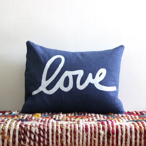 Navy Blue and White Throw Pillow / Blue and White Love Pillow / Love Lumbar Pillow / Hand Printed Love Pillow image 4