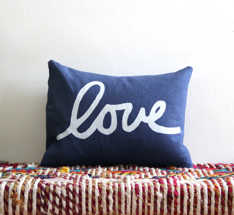 Navy Blue and White Throw Pillow / Blue and White Love Pillow / Love Lumbar Pillow / Hand Printed Love Pillow image 4