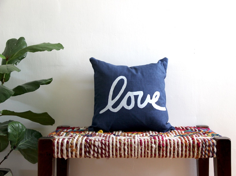 Navy Blue and White Throw Pillow / Blue and White Love Pillow / Love Lumbar Pillow / Hand Printed Love Pillow image 1
