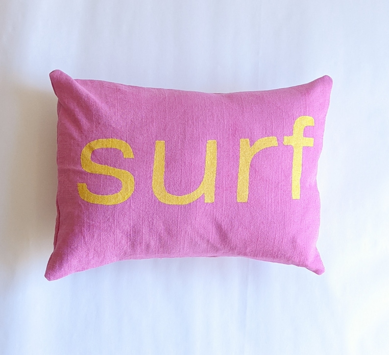 Surf Throw Pillow Boho Beach Decor Coastal Decor Modern Surf Pillow Beach Pillow Nursery Pink and Yellow Surf Pillow image 1