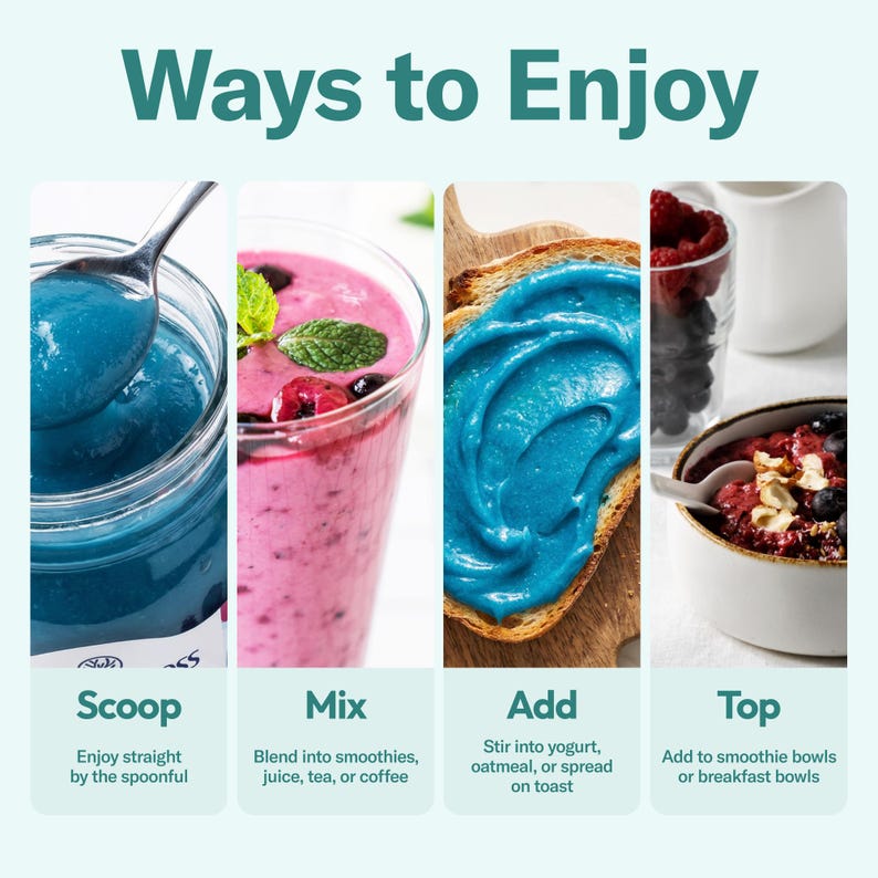 May include: A four-panel infographic titled Ways to Enjoy showing blue food spread being scooped from a jar, mixed into a pink smoothie, spread on a slice of toasted bread, and used as a topping in a bowl with berries and nuts with text labels.