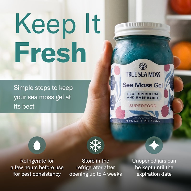 May include: A glass jar of True Sea Moss Sea Moss Gel with blue spirulina and raspberry, featuring a white lid and a label with text. The jar contains 16 fl oz (1 pt) 465 ml of blue gel. Text on the image includes Keep It Fresh and storage instructions.