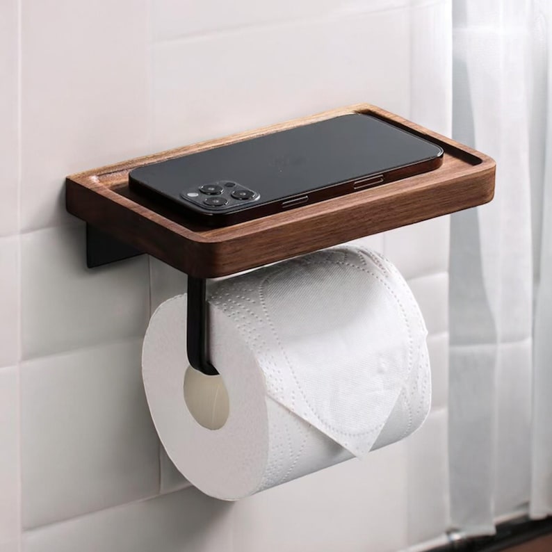 Wooden Toilet Paper Holder With Shelf Black Walnut Wallmounted WC Roll