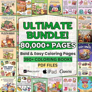 Puede incluir: Un paquete definitivo de libros para colorear con el texto "ULTIMATE BUNDLE!" y "80,000+ PAGES". La imagen presenta varias portadas de libros con ilustraciones de comida, escenas acogedoras y personajes lindos. Incluye archivos PDF para iPad y Canva.