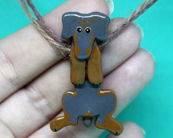 Blue Uncropped Doberman Pinscher Hangin' On Artist Hand-made Clay Pendant