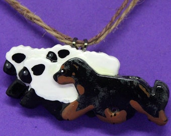 Beauceron Herding Sheep Brooch Pendant. Artist Hand-made Dog Art Jewelry Pin Necklace