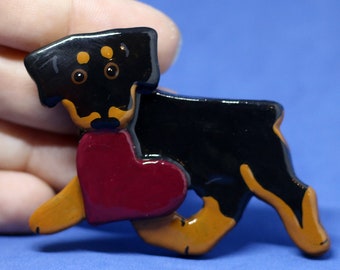 Rottweiler Love Pin Artist Hand-Made OOAK Brooch Dog Art Jewelry