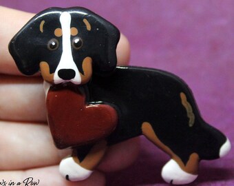 Bernese Mountain Dog Love Pin Artist Hand-Made OOAK Brooch Berner Dog Art Jewelry