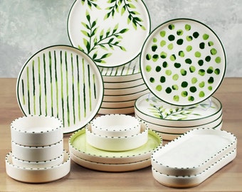 Green tree 22 piece 12 people handmade ceramic breakfast set, ceramic kitchenware, breakfast plate set, handmade dinnerware, gift for mom