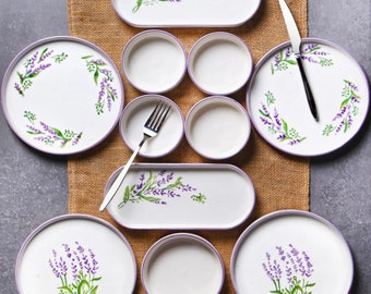 14 piece 6 people ceramic lavender breakfast set, ceramic dining set, handmade dinnerware, ceramic kitchenware, handmade plate set