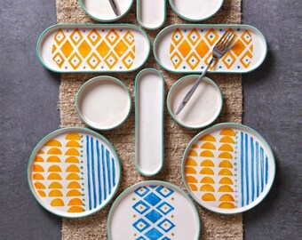 14 piece 6 people handmade breakfast set, ceramic dinnerware, gift for mom, handmade plate set, kitchenware,pattern plate set, ceramic plate