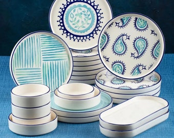 22 piece 12 people blue breakfast set, ceramic kitchenware, breakfast plate set, handmade plate set, ceramic dining plate, pattern plate set
