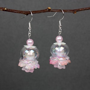 Iridescent Clear Glass And Pink Jellyfish Silver Metal Earrings, Jellyfish Earrings, Sea Inspired Jewellery, Gifts For Her, Dangly Earrings
