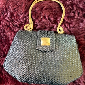 Vintage black wicker rattan woven handbag - box style mid century design - brass hardware - made in Indonesia