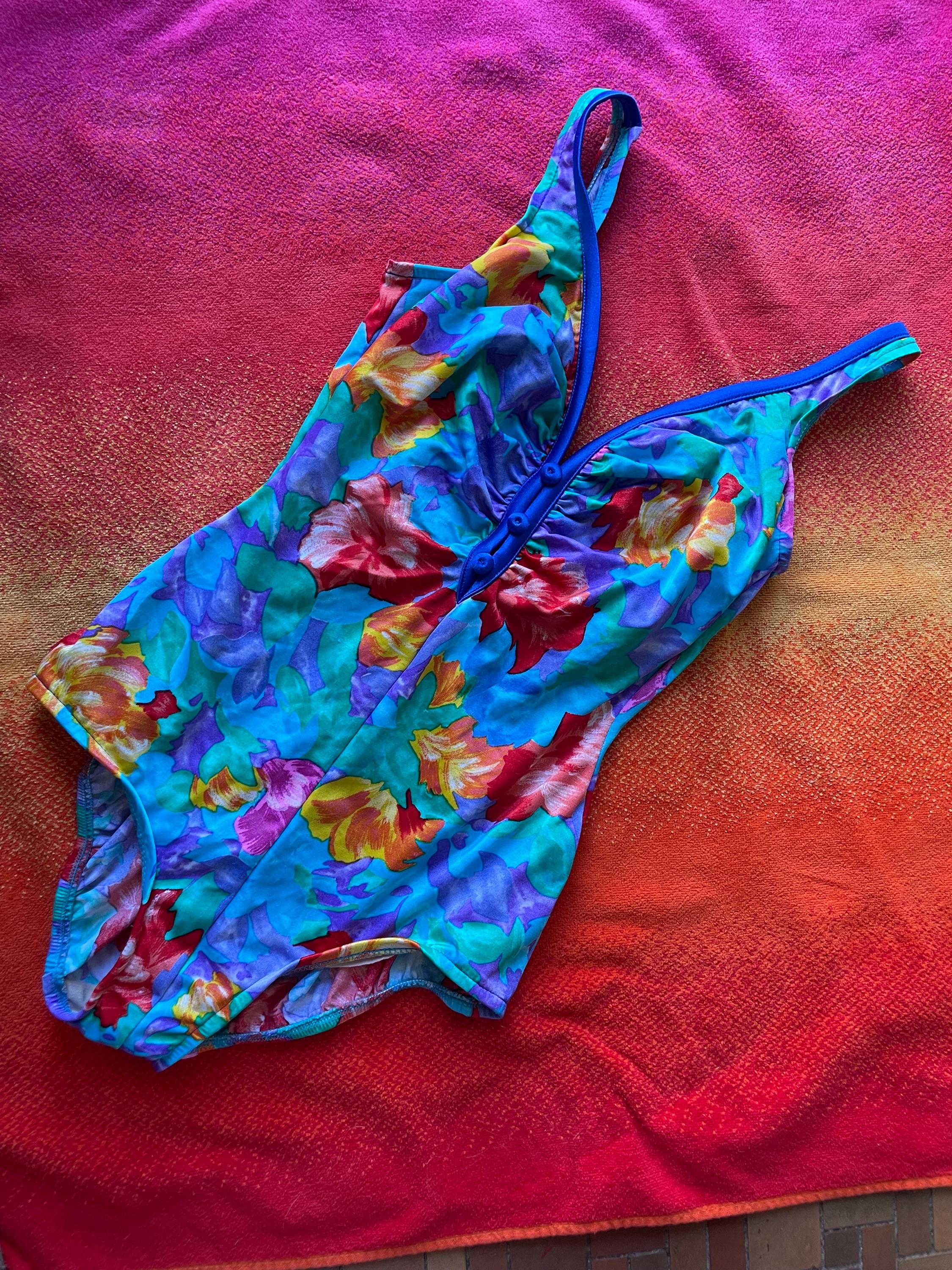 neon floral 80s one piece swimsuit - vintage lands end - blue trim buttons and trim - union made - tagged 12B - 80s swimwear
