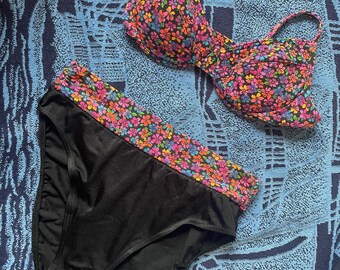 neon floral 90s era vintage bikini - high waisted high cut bottoms - underwire lift up top - tagged size 12/10 - Battex Maillot brand