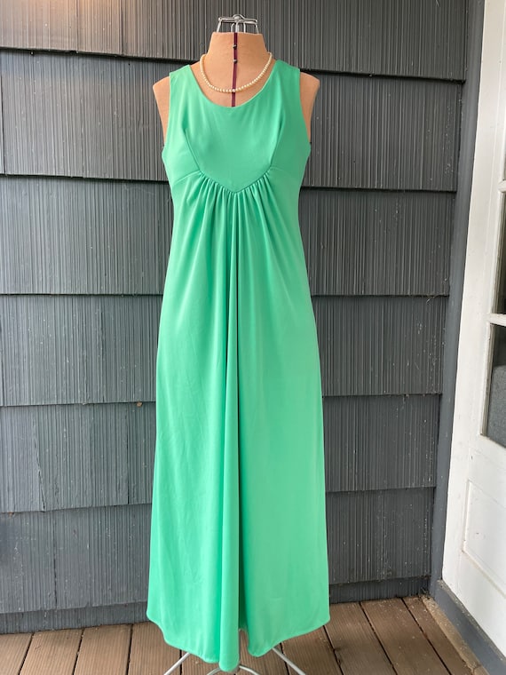 long 70s pistachio dress with gathered front