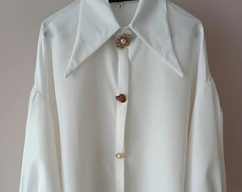 Blouse for Women | White Long Sleeve Button Front Feminine Romantic Work blouse with Oversized Vintage Lapel Collar | Gift for Her