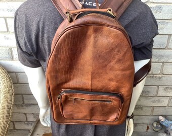 16" BACKPACK All Leather, naturally tanned, 16" high, 12"wide, 4" deep, classic vintage style, laptop bag, zipper closures, lots of storage