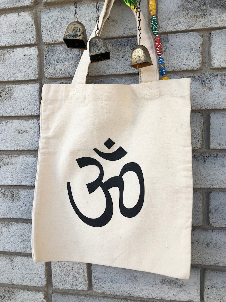 OM design on Unbleached canvas book bag Reusable carry bag