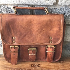Sac cartable en cuir à double soufflet de 9 po., fait main, style rétro, bohème, double largeur avec rangement à glissière et compartiments