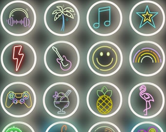 May include: A set of 16 neon Instagram highlight covers with various designs, including a music note, a star, a lightning bolt, a guitar, a smiley face, a rainbow, a game controller, a sundae, a pineapple, a flamingo, a donut, a treble clef, a record, candy, a cake, a cocktail, a candle, a martini glass, a hand gesture, a gift box, a clown face, and a cupcake.