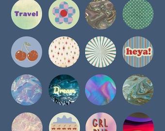 May include: A set of 16 retro-style Instagram highlight covers featuring various designs, including a flower, cherries, stars, swirls, and text. The covers are in a variety of colours, including pink, blue, green, yellow, and brown.
