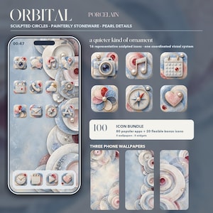 3D-porslinsappikoner för iPhone | Förgyllt blått himmelskt iOS-tema + bakgrundsbilder | Orbitalt porslin