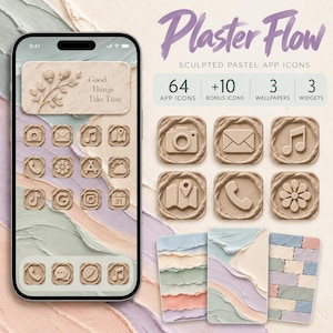 Könnte beinhalten: Ein digitales Set aus Plaster Flow skulptierten Pastell-App-Icons mit 64 Icons, 10 Bonus-Icons, 3 Hintergrundbildern und 3 Widgets. Das Display zeigt eine Smartphone-Oberfläche mit texturierten beigen Icons und einem floralen Widget.