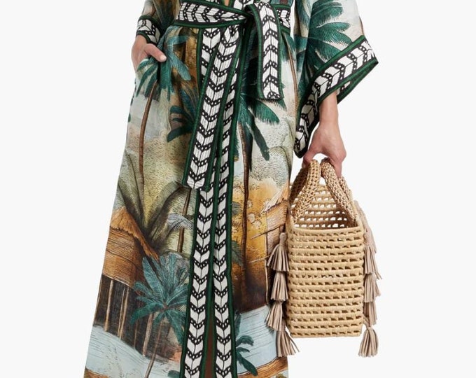 Unique Boho Kimono Robe with Handcrafted Buddha Stamps, Beach Cover Up
