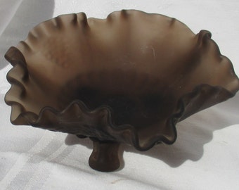 Vintage Frosted Glass Scalloped Edge Candy Dish//Brown Glass//Smoky Glass