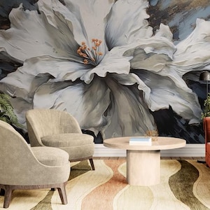 3D flower wall mural Floral wallpaper peel stick Extra large botanical wallpaper Accent self adhesive wallpaper White flower mural bedroom