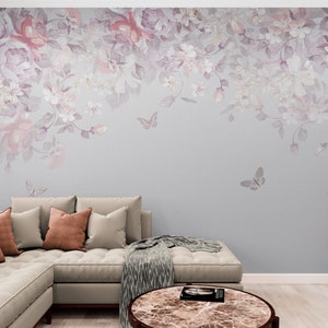 Papier peint élégant autocollant, décoration murale florale délicate, auto-adhésif, papier peint floral rose en vinyle, chambre à coucher, papier peint papillons, toile