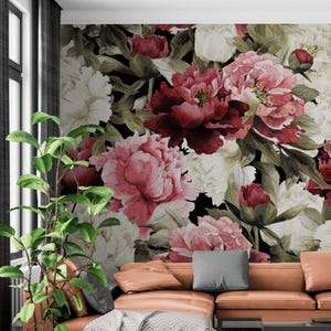 Papier peint floral, Papier peint pivoine, Grand papier peint floral autocollant, Papier peint floral délicat auto-adhésif, Décalcomanie murale accent brite, chambre à coucher